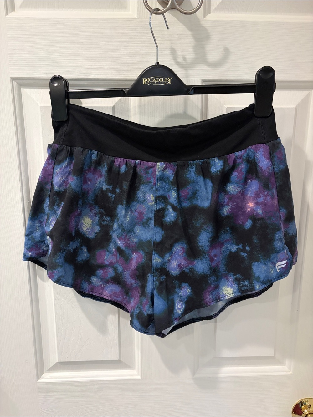 Fabletics Galaxy-Print Workout Shorts - Black, Purple, Blue